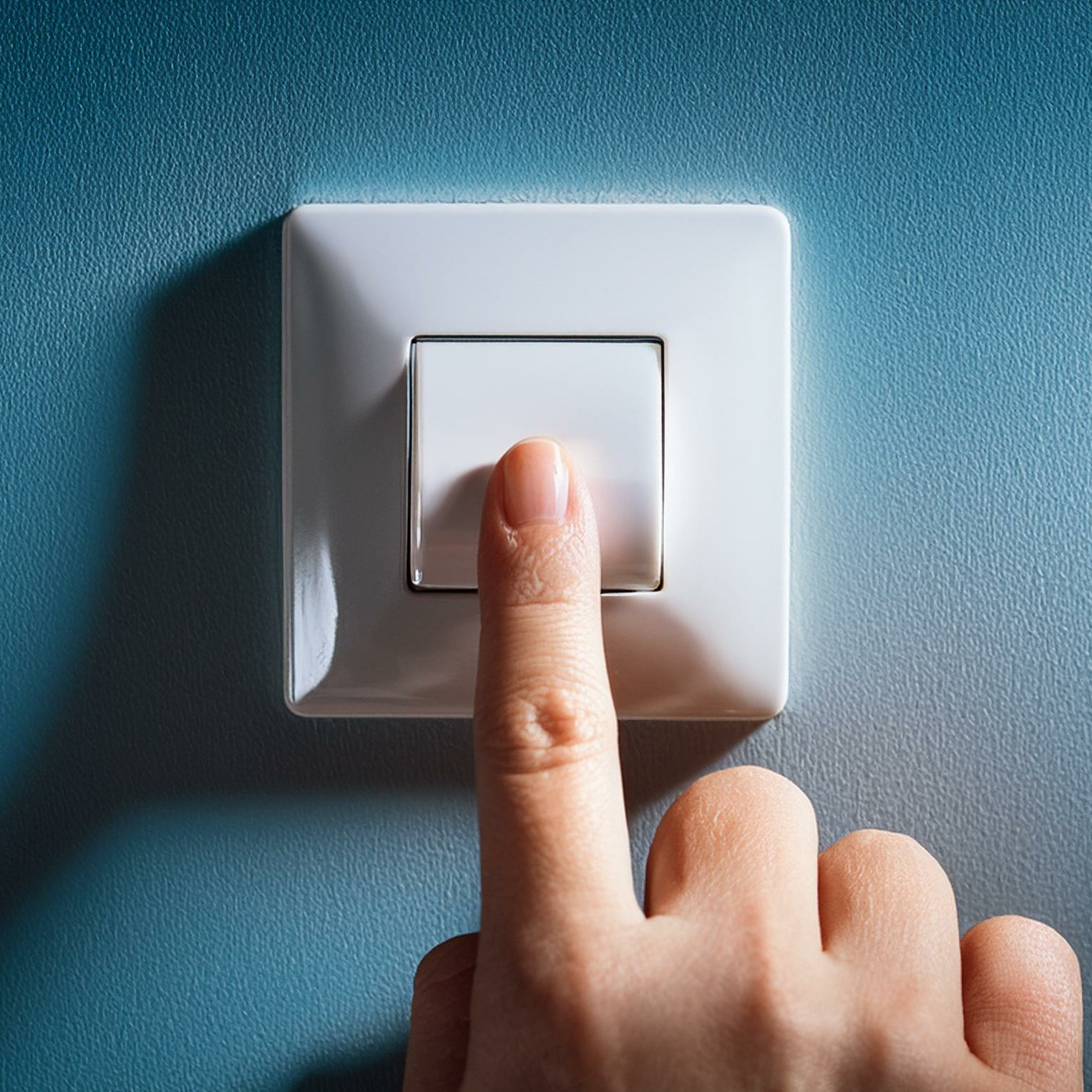 hand pushing a button on the wall, a person reaches out to press the room light switch